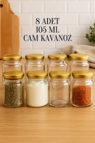 8 Adet 105 Ml Baharatlık Mama Şekerleme Çok Amaçlı Metal Kapaklı 105 Cc Kısa Cam Kavanoz Gold
