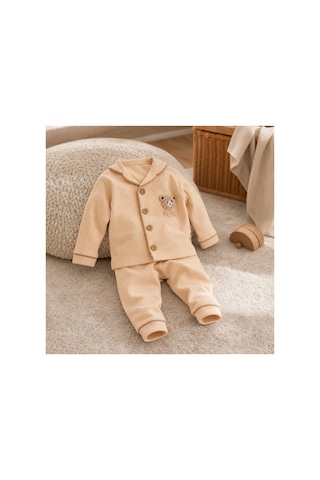 Bebelove Erkek Bebek Bej Düğmeli Ayıcık Nakışlı 2'li Pijama Takım