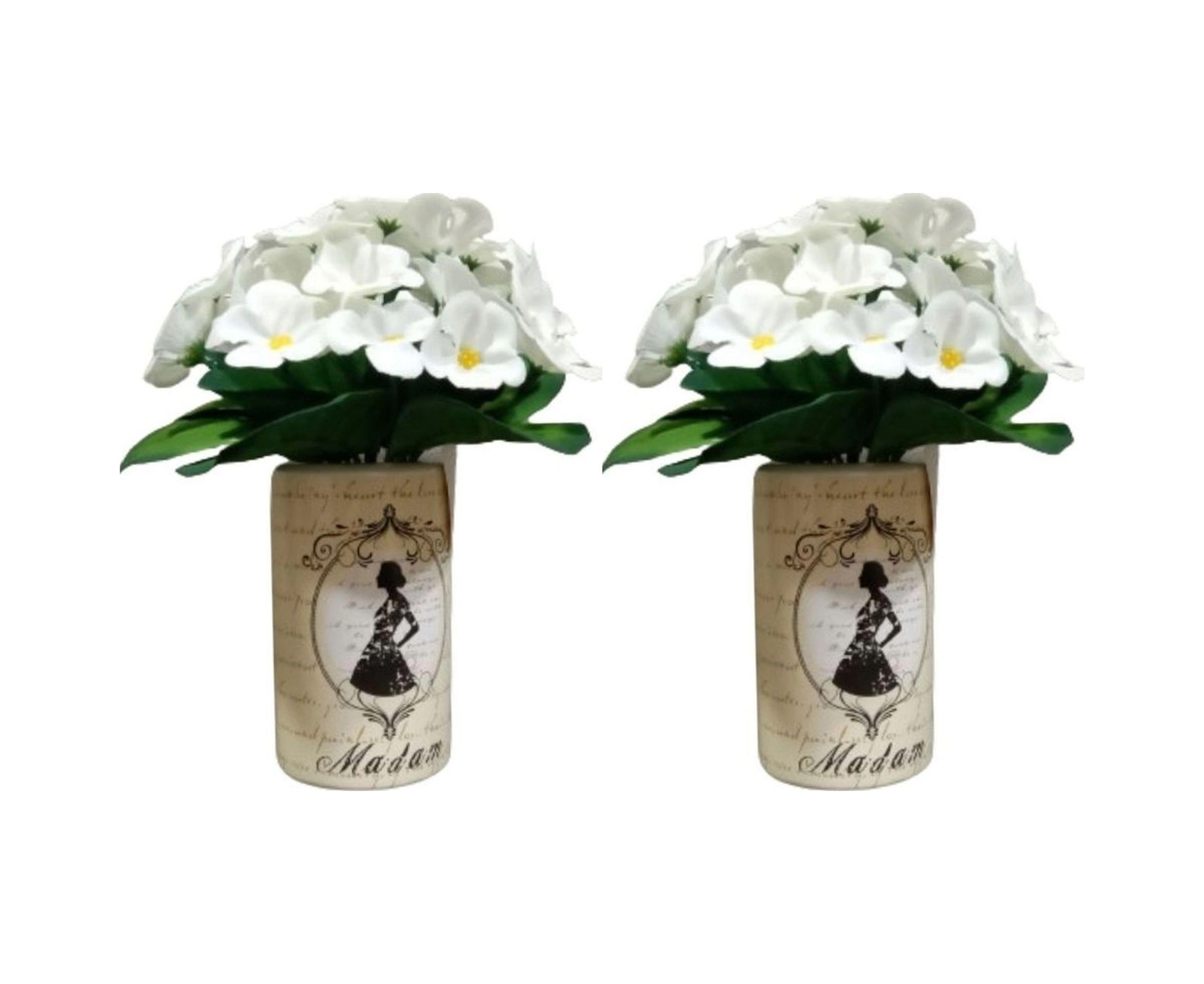 2 Adet Vazo Dahil,vazoda Çiçek,beyaz Yapay Çiçek,vazo Dekoratif Madam Desenli 7x7x16cm Çok Renkli