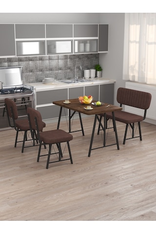 Hayat 70x110 Amalfi Mutfak Masası, Mutfak Masası Takımı, Yemek Masası, 2 Sandalye 1 Bench - Kahverengi Kahverengi