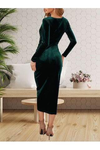 Tua Moda Kadın Uzun Kollu Kruvaze Yaka Belden Büzgü Detay Midi Kadife Elbise Yeşil