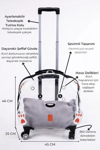 Lüks Şeffaf Çekçekli Tekerlekli Evcil Hayvan Taşıma Valizi Büyük Model