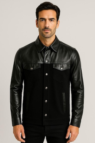Ncs Jeans Erkek Gömlek Suni Deri Ve Triko Karışımlı Overshirt Siyah 7348 Siyah