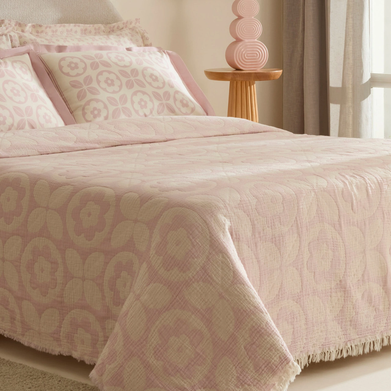 Karaca Home Shayla Pembe Baskılı Müslin Çift Kişilik Pike Takımı Pembe