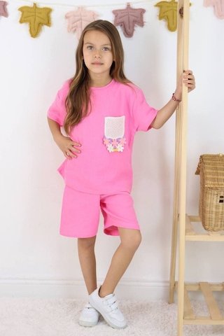 Örme Nakışlı Müslin Şort Takım Pembe