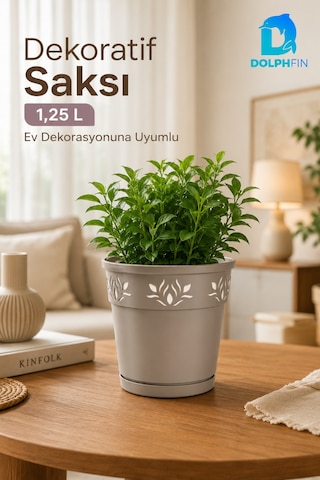 1,25 L Dekoratif Alt Tabaklı Plastik Saksı Çiçek Motifli Karışık Renk