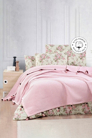 Vionel Home Pamuklu Waffle Desen Ponponlu Çift Kişilik Pike Pembe
