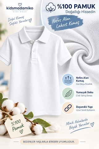 Kidsmadamiko Erkek Çocuk Kısa Kollu Okul Polo Yaka T-shirt 5-17 Yaş Bedenler Yaşlarla BEYAZ