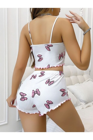 Terrien Premium Baskılı Model Ev Giysisi Doğum Günü Hediyesi Desenli Şortlu Pijama Takımı Beyaz - Pembe