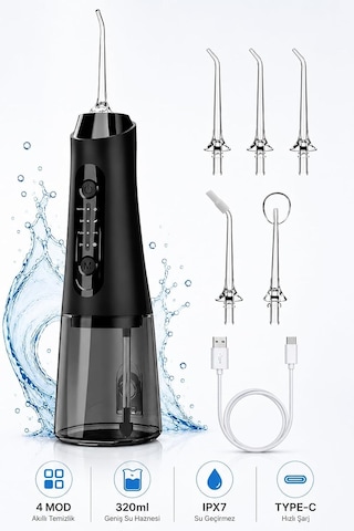Auhma Amf11 Şarjlı Ağız Duşu 320ml Su Hazneli 4 Modlu Ipx7 Su Geçirmez Type-c Hızlı Şarjlı 5 Başlıklı Profe