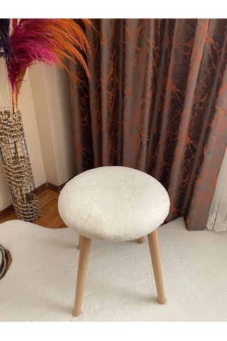 Ahşap Ayak Dekoratif Peluş Puf Tabure Beyaz