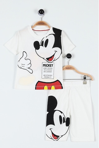 Lolliboomkids Yeni Sezon Unisex Beyaz Renk Üzeri Mickey Baskılı Sırt Detaylı Tshirt Şort Alt Üst Takım Beyaz