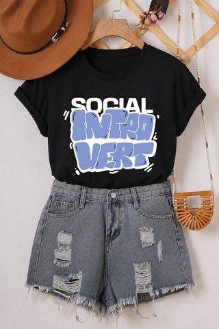 Spoyi Sosyal Introvert Tasarımlı %100 Pamuk Yarım Oversize Siyah T-lhirt