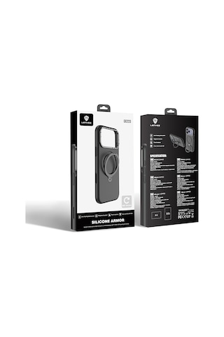 Apple Uyumlu iPhone 17 Pro Kılıf M-safe Şarj Özellikli Metal Standlı Sıvı Silikon Lenyes Ck223 Kapak Siyah Siyah