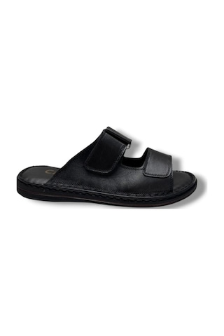 Cakgo 182-26 Hakiki Deri Ultra Soft Çift Bant Cırtlı Anatomik Erkek Terlik 40-47 Siyah