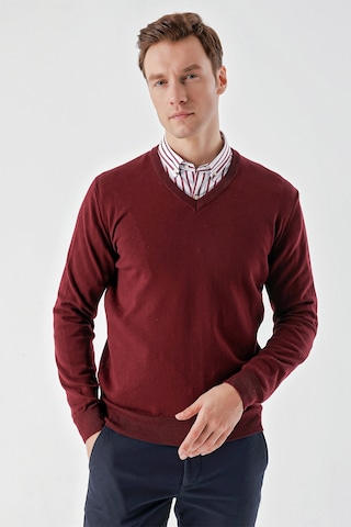 Morven Erkek Koyu Bordo Basic V Yaka Dynamic Fit Rahat Kesim Triko Koyu Bordo