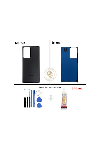 Samsung Galaxy Note 20 Ultra Siyah Renk Arka Kapak + Tamir Seti + B7000 Yapıştırıcı Arka Cam Batarya Kapağı Pil Kapağı Lazer Kesim Back Cover Galaxy Note 20 Ultra Uyumlu