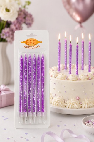 Mor Gümüş Simli Uzun Pasta Mumu 17 Cm Karışık