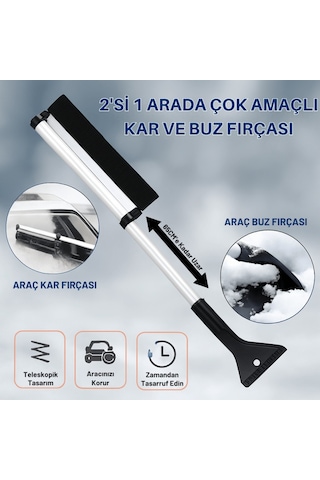 Polham Alüminyum 2in1 65 Cm Uzayabilen Teleskopik Kar Ve Buz Fırçası Kar Temizleme Fırçası + Buz Kazıyıcı Siyah