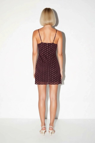 Benerly Kadın Mini Elbise Puantiyeli Desen V Yaka Kolsuz Astarlı Rahat Ke Kahverengi