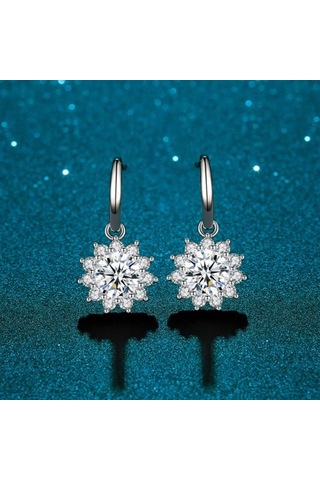 Beyaz Bagueringen Kadın Ayar Gümüş 925 Takı 1 Karat Mozanit Pırlanta Damla Küpe Ayçiçeği Şekilli Kulak Damlası Hediye