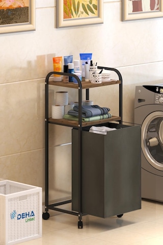 2 Raflı Frenli Tekerlekli Çamaşır Sepeti Banyo Dolabı Kirli Sepetli Banyo Düzenleyici Çamaşırlık Kahverengi