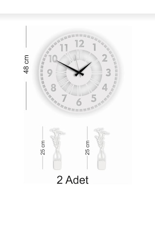 Duvar Saati Ve Süsüleri Çok Şık Hediye 3 Lü Set Beyaz