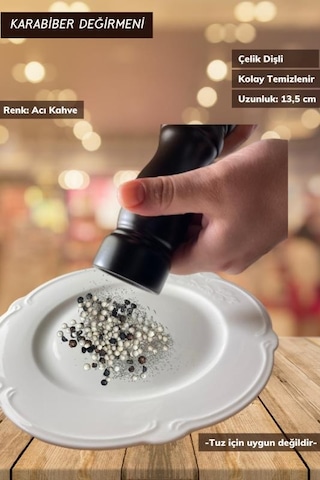 Karabiber Değirmeni Ahşap Biber Değirmeni Baharatlık Çelik Bıçaklı 13,5 Cm Siyah