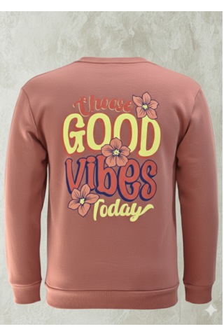 Feydi Unisex İçi Polarlı Kapüşonlu Sweatshirt Good Vibes Baskılı Gülkurusu
