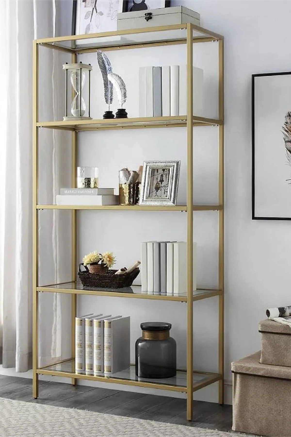 Modern 5 Katlı Metal İskeletli Cam Raflı Aksesuar Rafı Kitaplık Gold-şeffaf