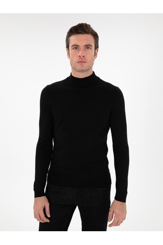 Cacharel Siyah Slim Fit Yün Karışımlı Yarım Balıkçı Yaka Basic Triko Kazak
