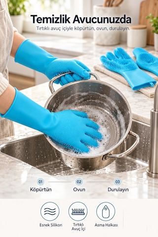 Tilbe Home Silikon Eldiven Bulaşık Yıkama Eldiveni Dayanıklı Kaymaz Tırtıklı Eldiven Fırın Mutfak El 00475572