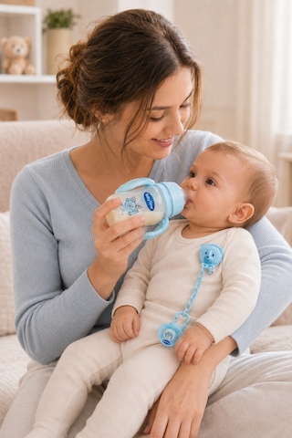 Babytime 5'li Bebek Beslenme Seti Mavi 0+ Ay 150 Ml Pp Biberon - Alıştırma Bardağı - Emzik ve Askısı Ak206 Bebe Mavi