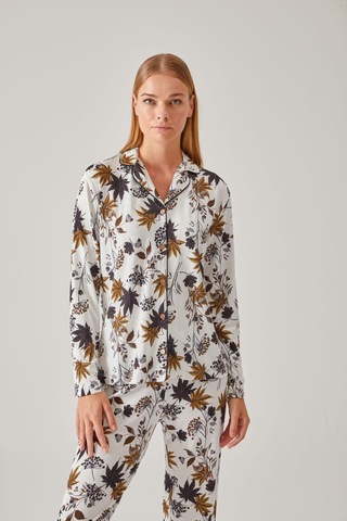 Pamuk Pamuk 24032 Kadın Ceviz Yeşil Çiçek Desen Önden Düğmeli Pijama Takımı 001