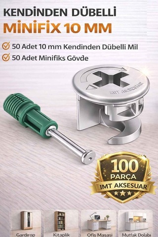İmt Aksesuar 10 Mm Kendinden Dübelli Minifix Gövde Ve Mil Seti - Mobilya Bağlantı Elemanı 100 Parça Metalik Çok Renkli