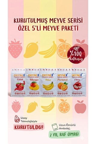 Drynex Freeze Dried Çilek Mango Portakal Elma Muz Dondurularak Kurutulmuş Atıştırmalık Tanışma Seti 5'li