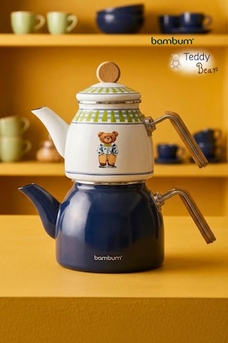 Bambum Unique - Bambu Kulplu Emaye Çaydanlık Takımı Teddy Lacivert