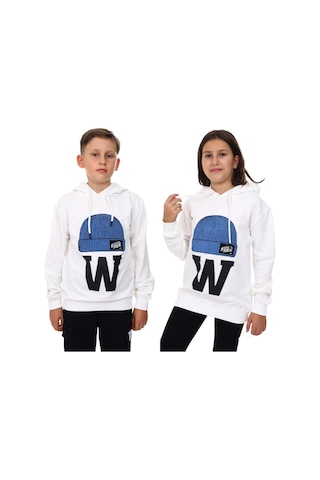 Çocuk Bere Baskılı Ve İşlemeli Kapüşonlu Sweatshirt-13410-beyaz Beyaz