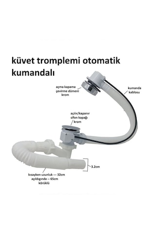 Küvet Tromplemi Kumandalı Otomatik Küvet Jakuzi Sifonu Stoplu Beyaz