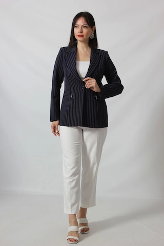 Moda Berray 1906 Lacivert Çizgili Fermuarlı Cep Aksesuarlı Kadın Büyük Beden Blazer Ceket Lacivert