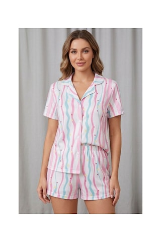 Fit Women Yıldız Ve Kalp Desenli Çizgili Düğmeli Şortlu Pijama Takımı 4606 -çok Renkli Çok Renkli