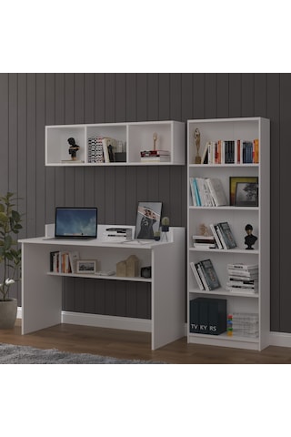 Asra Trend Çalışma Masası Seti ÇMT001 %100 MDF Kitaplıklı Raflı Ofis Takımı Beyaz