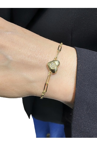 İtalyan Işıltı Zincir Taşlı Kalp Ataç Çok Şık Altın Bileklik Altın