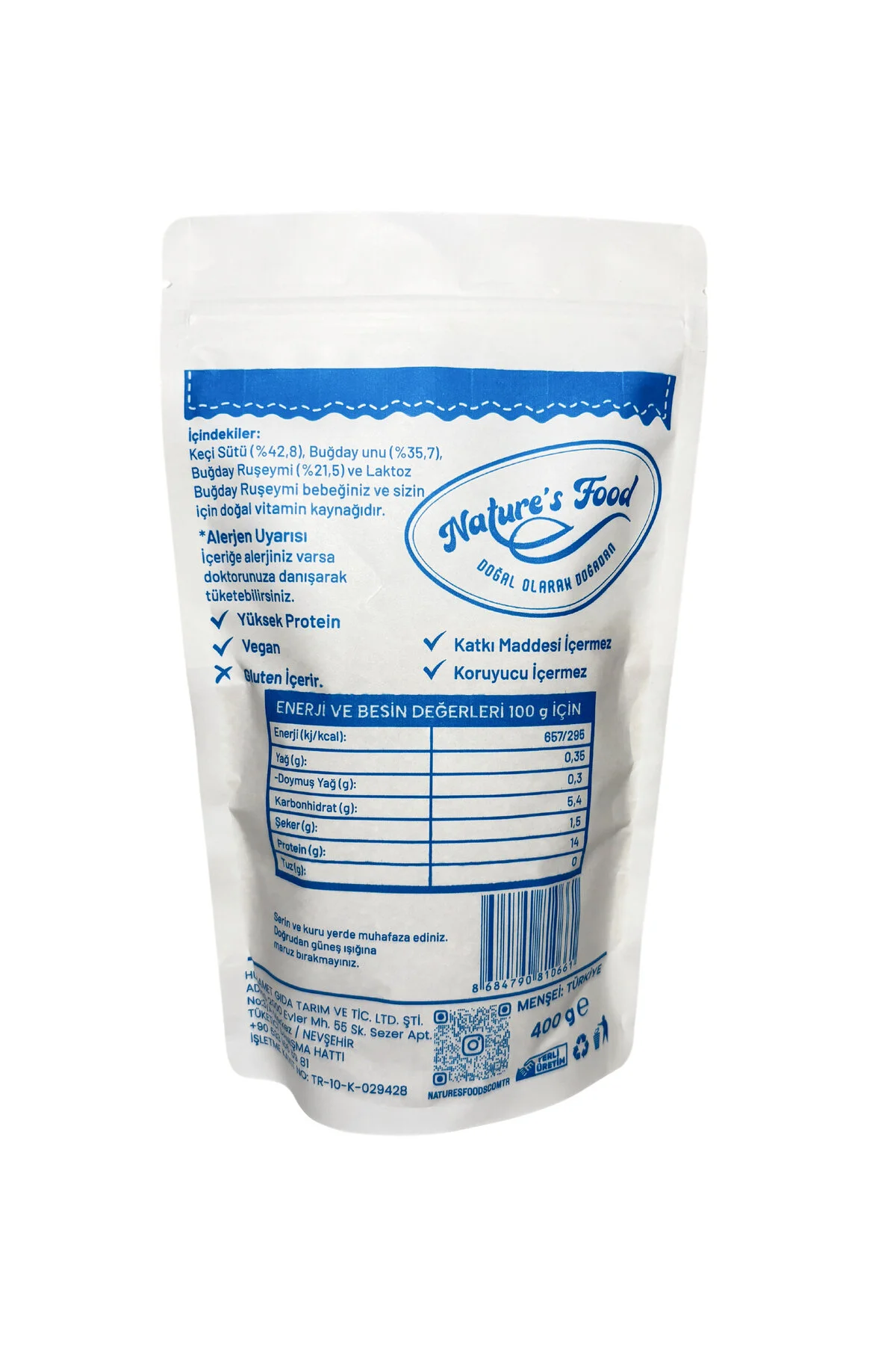 Keçi Sütlü Bebek Tarhanası 400gr Keçi Sütü %42,8 , Buğday Unu %35,7 , Buğday Ruşeymi %21,5