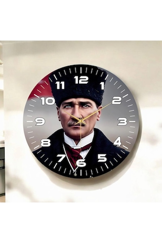 Renkli Baskı Atatürk Desenli Sayılı Hediyelik Ahşap Sessiz Duvar Saati 50cm ÇOk Renkli
