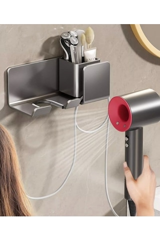 Wondernest Tutucu, Saç Rafı, Lichen Kurutma Makinesi - Delmeden Banyo Aksesuarı Siyah