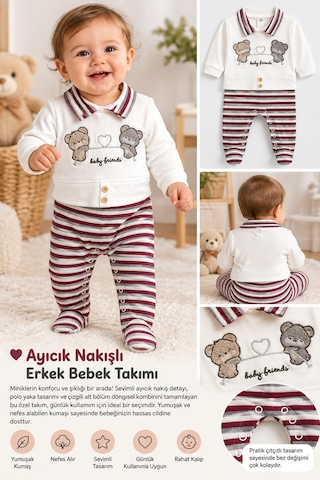 Messlife Ayıcık Nakışlı Erkek Bebek Tulum Beyaz - 929590458 Beyaz