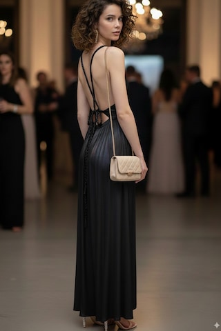 Fashion Cocktail Helen Örgü Sırt Bağlamalı Mat Yumuşacık Saten Yırtmaçlı Bohem Yazlık Uzun Helenistik Gece Elbise Siyah