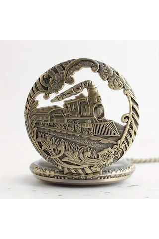 Kişiye Özel Vintage Buharlı Tren Tasarımlı Bronz Cep Saati Zincirli Antika Görünümlü Hediye Saat