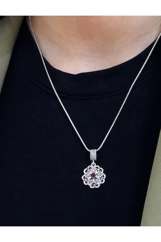 Yakut Taşlı Gül Model Oksitli 925 Ayar Gümüş Telkari Kadın Kolye 201025655